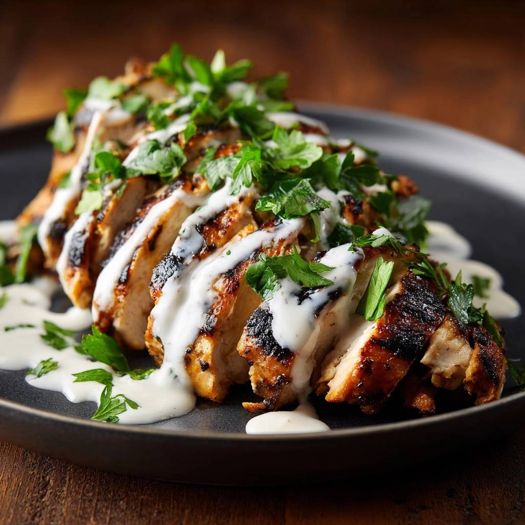 Juicy grilled chicken with yogurt sauce, sliced and generously garnished with fresh parsley on a dark plate.