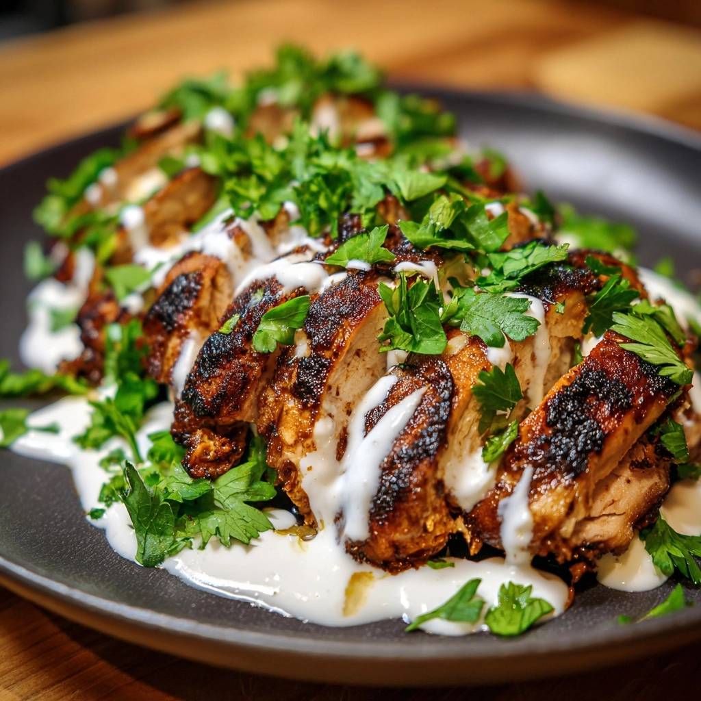 Juicy grilled chicken with yogurt sauce, sliced and garnished with fresh parsley on a dark plate.