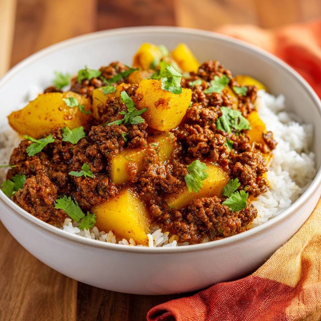 Keema aloo over rice served in a white bowl, showcasing the rich mince and potato curry with fresh cilantro garnish.
