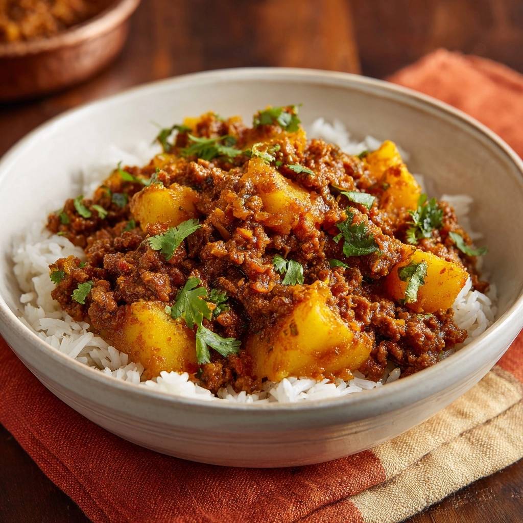 Keema aloo over rice shown in a close-up view of a white bowl, garnished with fresh cilantro.