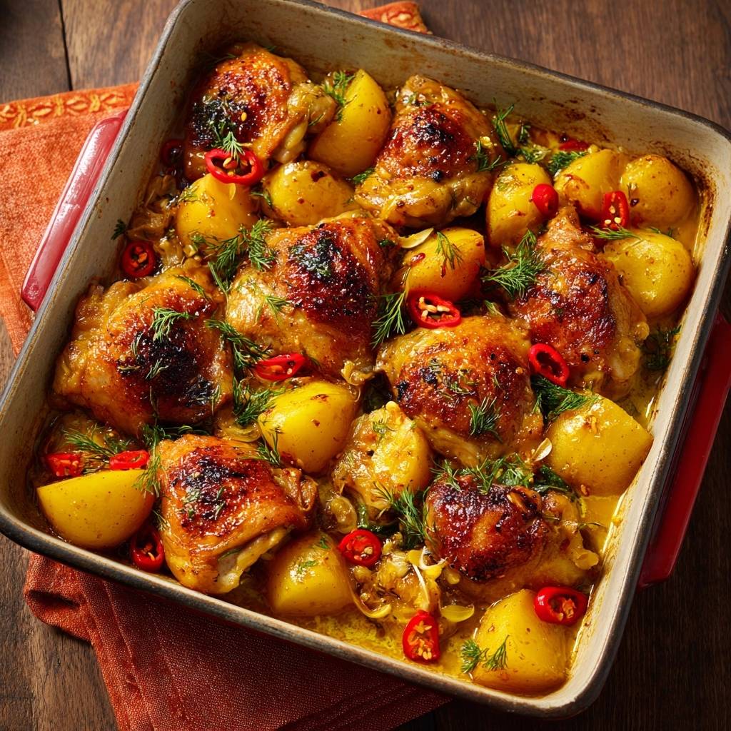 Lemon dill chicken thighs with baby potatoes, baked in a roasting pan and garnished with chili and dill.