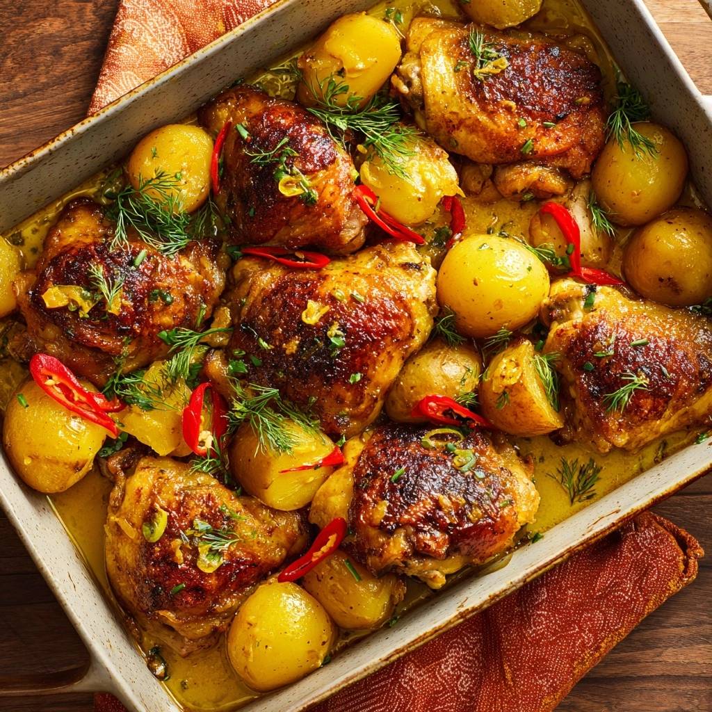 Lemon dill chicken thighs with baby potatoes baked in a tray, glistening with sauce and garnished with dill and chili.