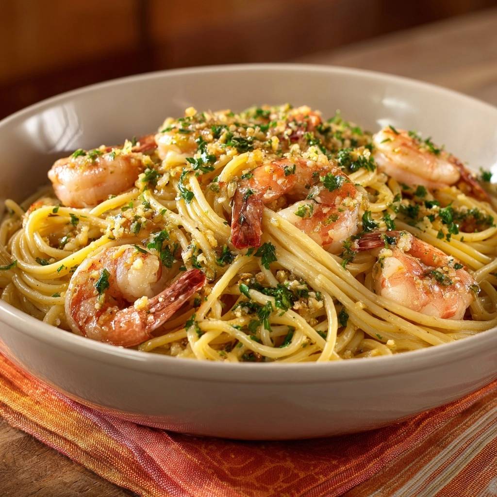 Lemon garlic shrimp pasta with tender, juicy shrimp served in a rustic bowl and garnished with fresh parsley.