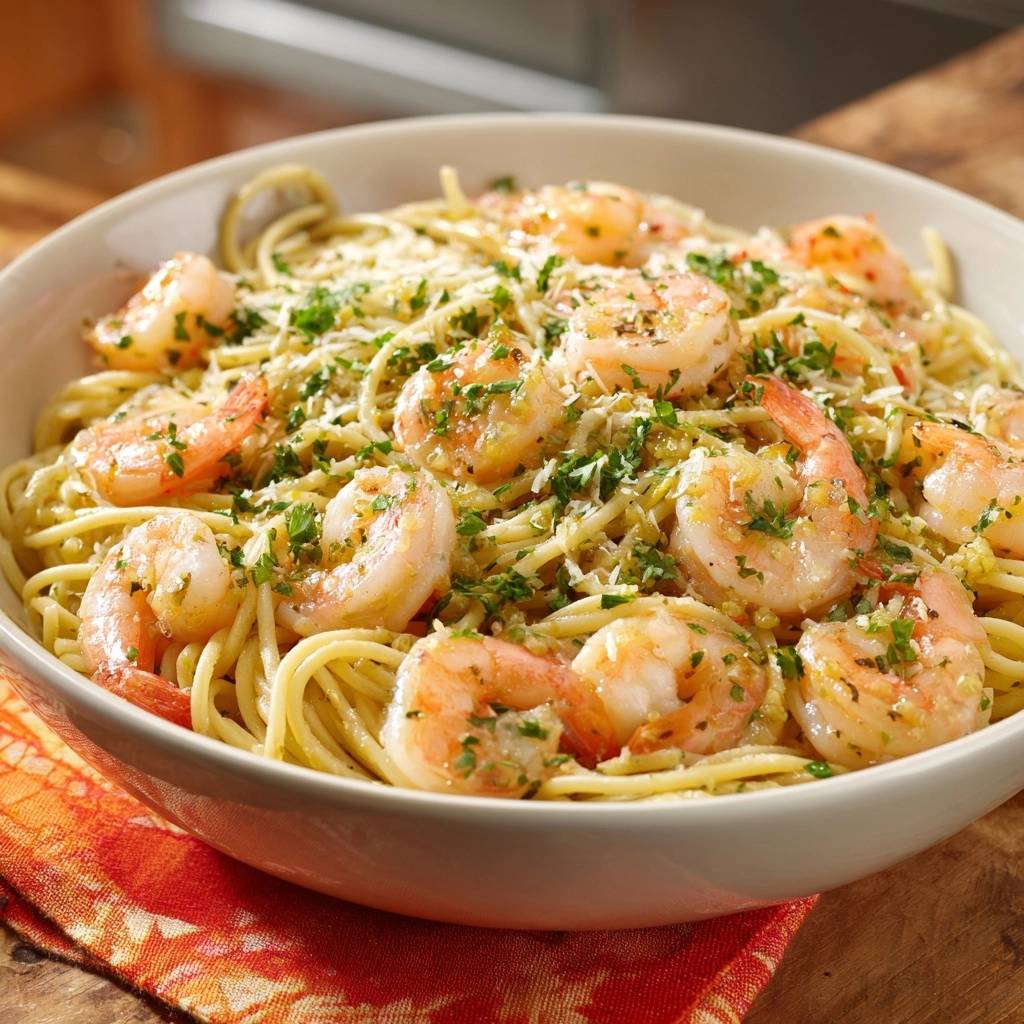 Lemon garlic shrimp pasta served in a white bowl, showcasing tender shrimp and a generous garnish of parsley