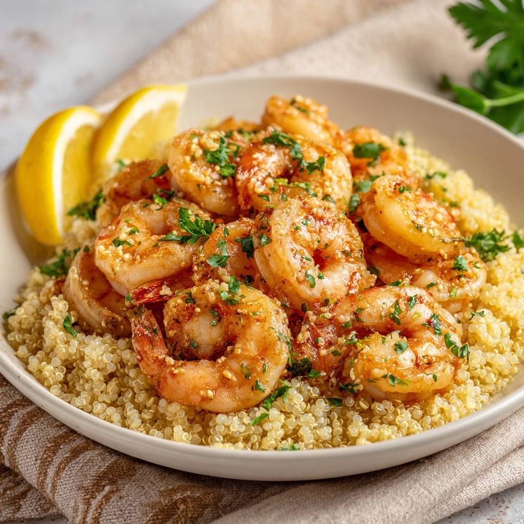 Lemon garlic shrimp over quinoa served in a bowl with lemon wedges and fresh parsley garnish.