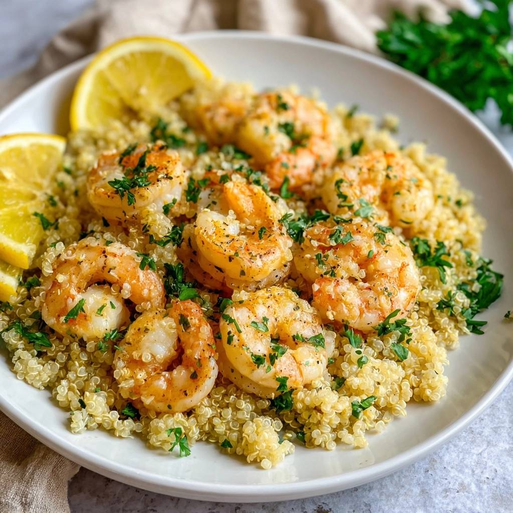 Lemon garlic shrimp over quinoa served on a white plate with lemon slices and fresh parsley garnish.