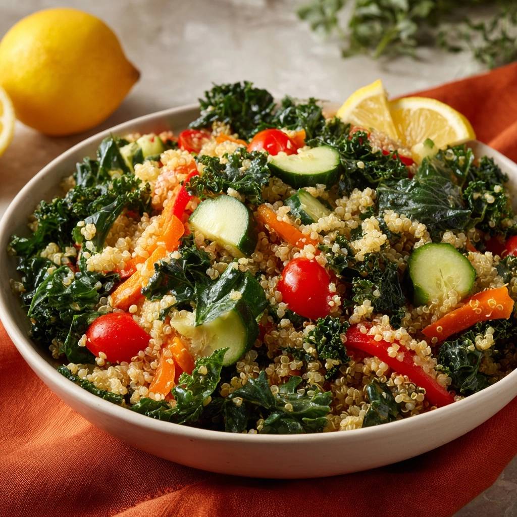 Lemon Quinoa Kale Salad shown in a close-up view within a white bowl, featuring fresh vegetables and lemon wedges.