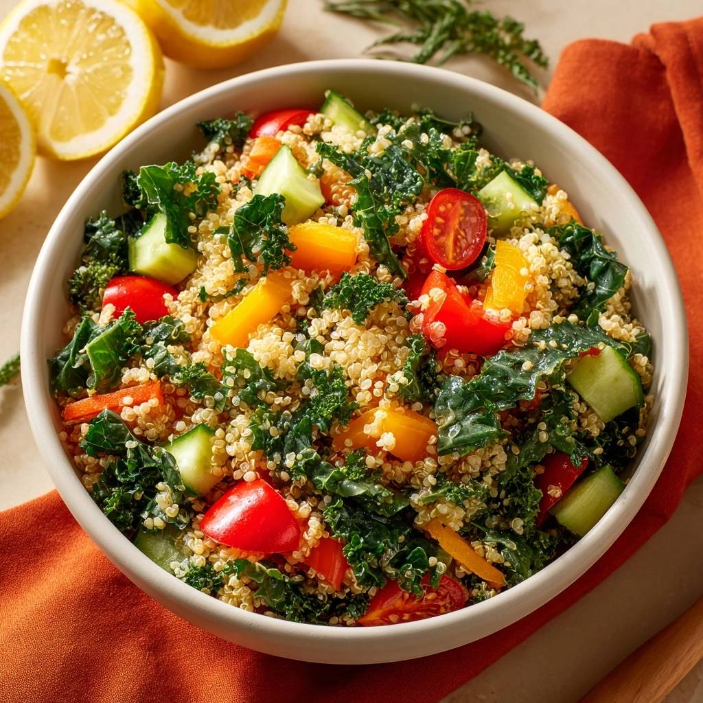Lemon quinoa kale salad shown in an overhead view within a white bowl, featuring fresh vegetables and citrus.