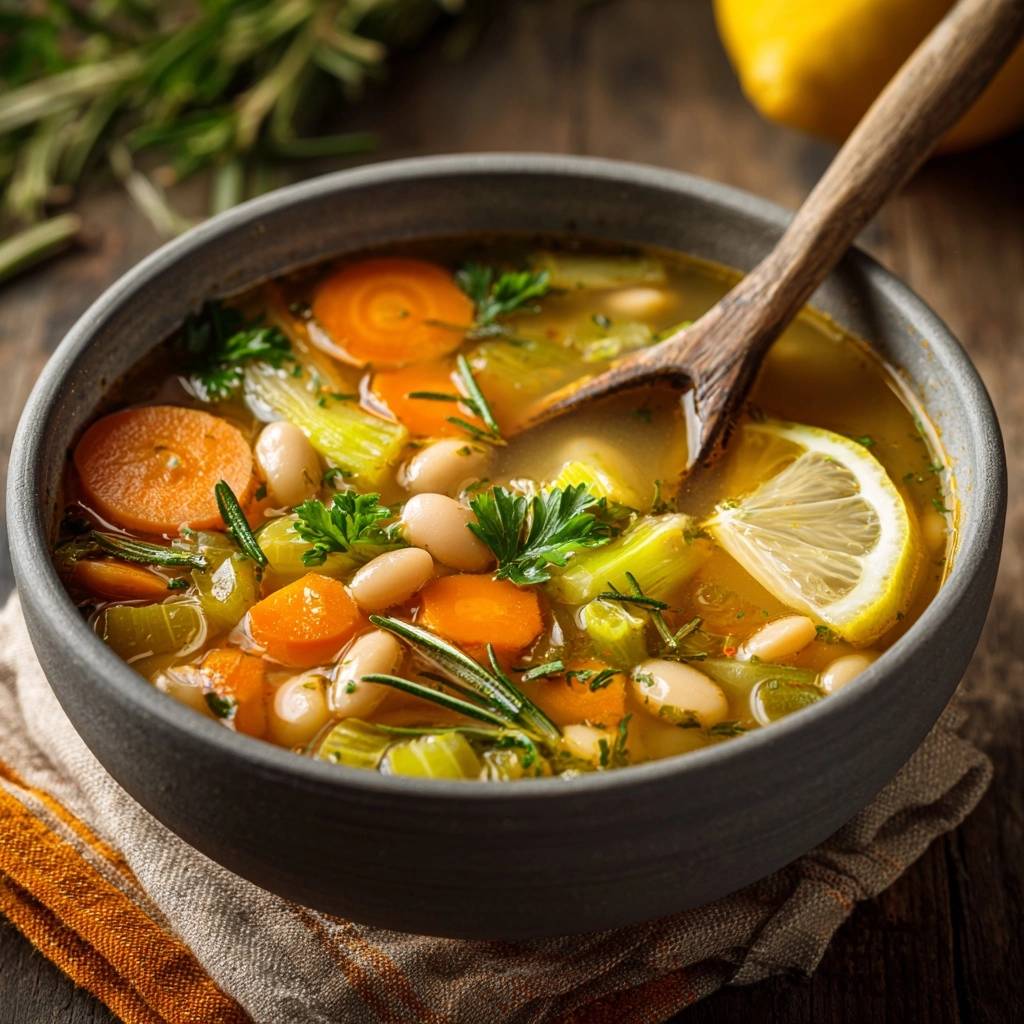 Lemon rosemary white bean soup in a rustic bowl with a wooden spoon and visible herbs and vegetables.