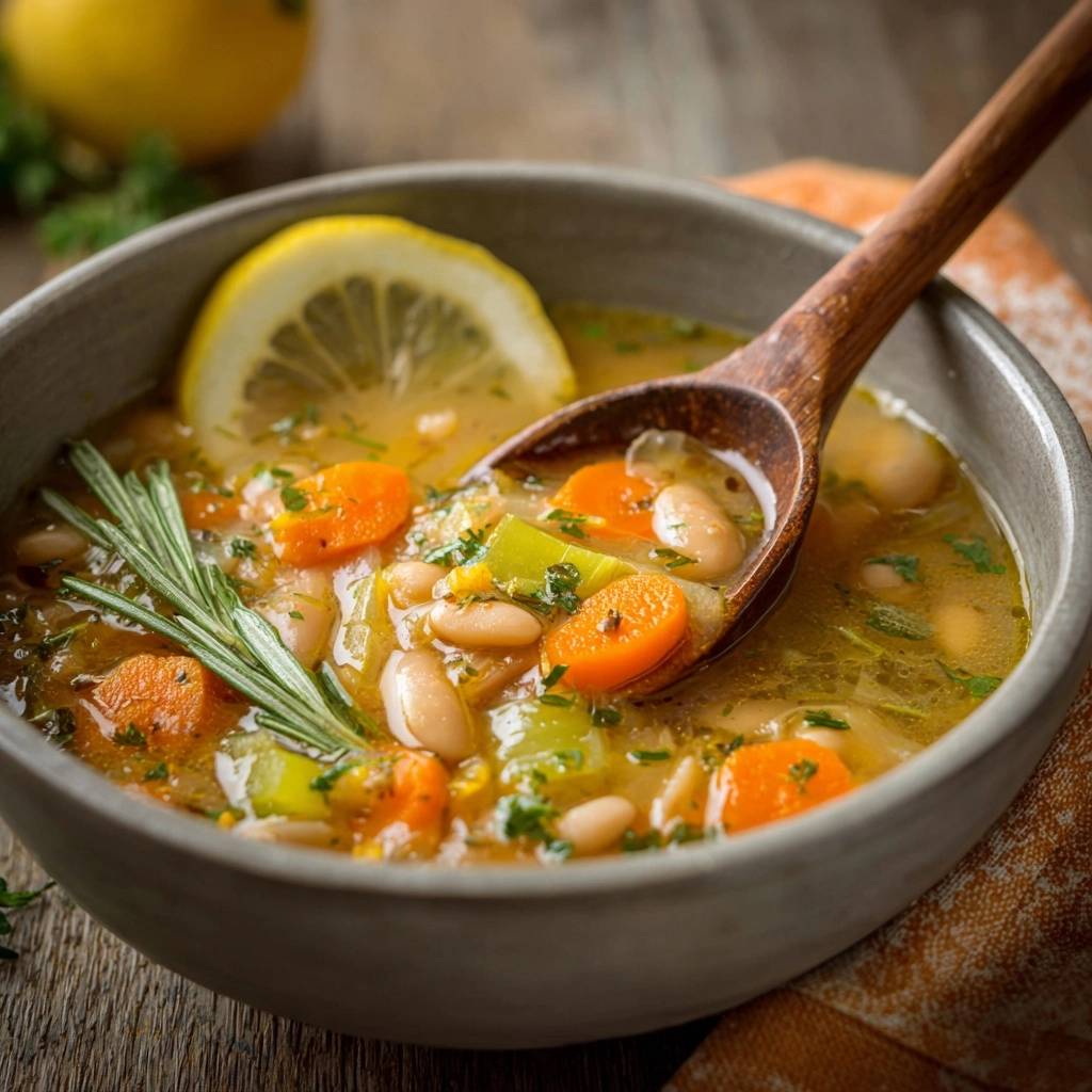 Lemon rosemary white bean soup with a wooden spoon lifting a serving, showcasing carrots and beans.