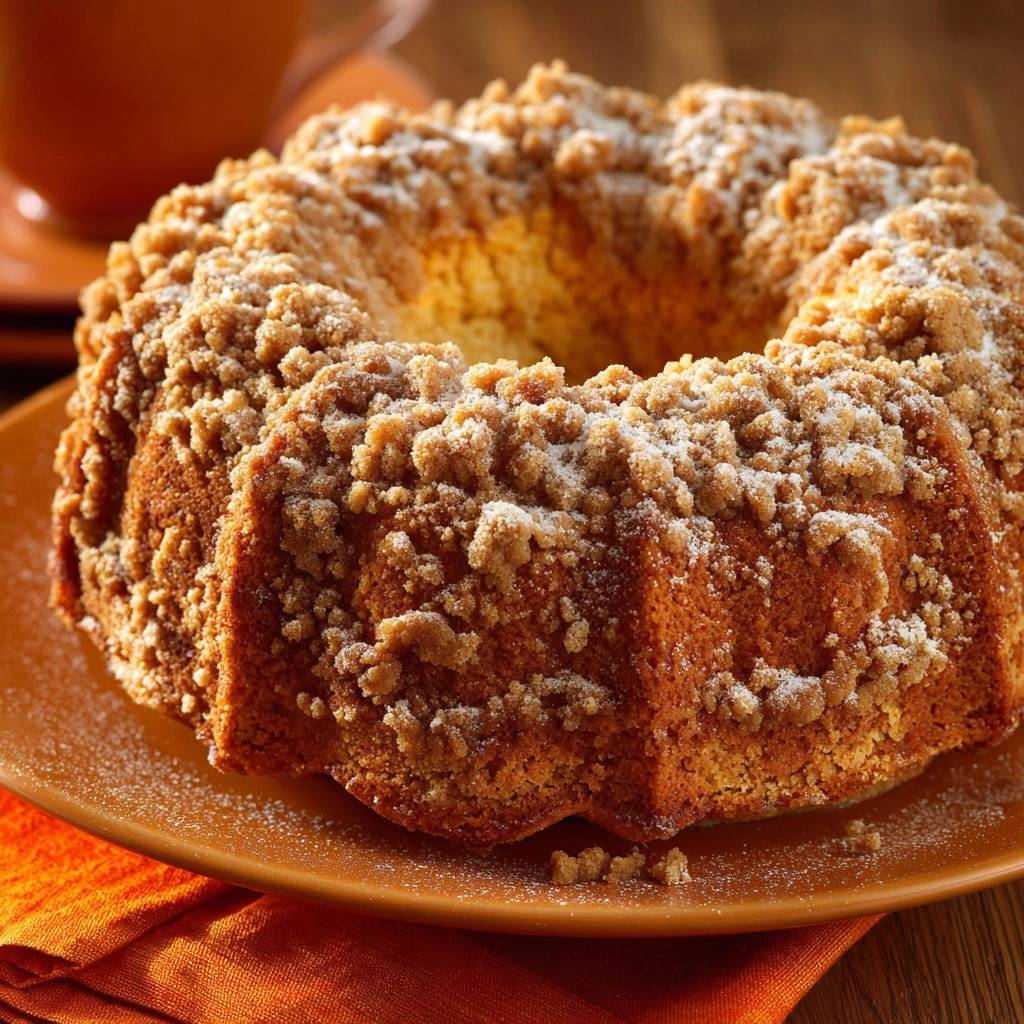 Lemon streusel bundt cake with a generous crumb topping and a dusting of powdered sugar shown up close.