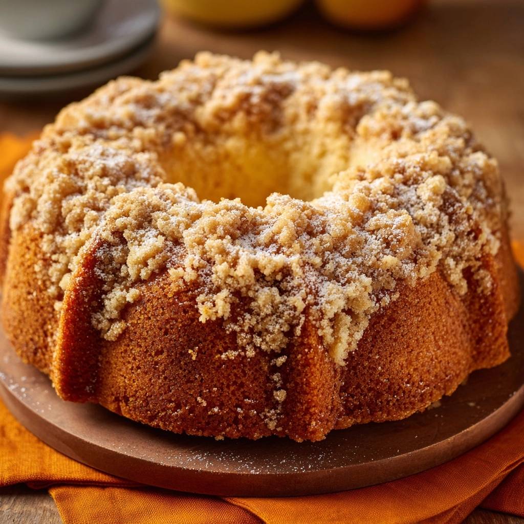 Lemon Streusel Bundt Cake with a detailed view of the golden crumb topping and a dusting of powdered sugar.