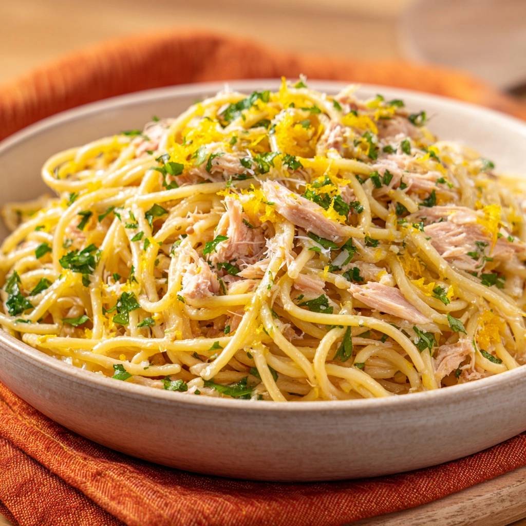 Lemony tuna spaghetti in a bowl, showcasing a close-up view of the pasta with fresh parsley and lemon zest garnish.