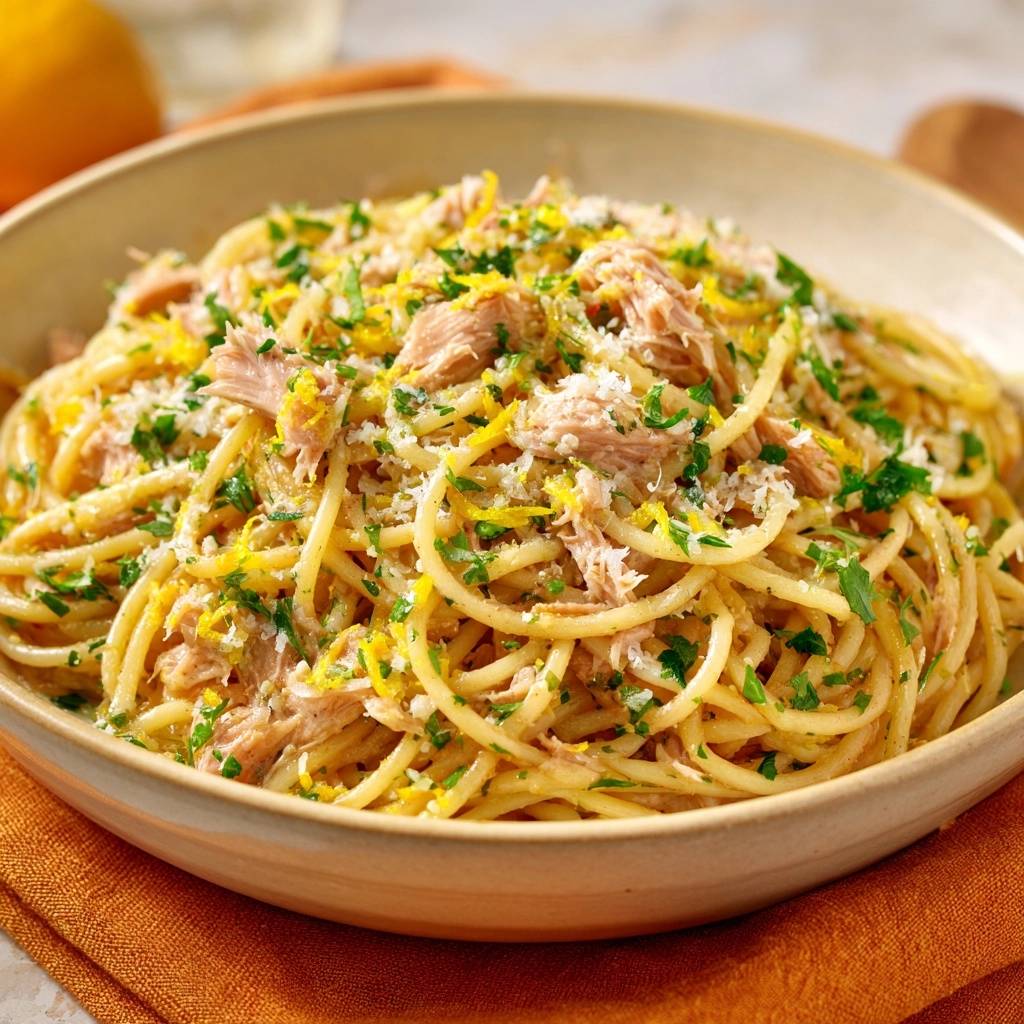 Lemony tuna spaghetti generously garnished with fresh parsley and lemon zest in a rustic bowl.