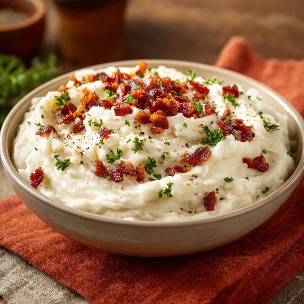Loaded bacon mashed potatoes in a bowl, generously topped with crumbled bacon and fresh parsley garnish.