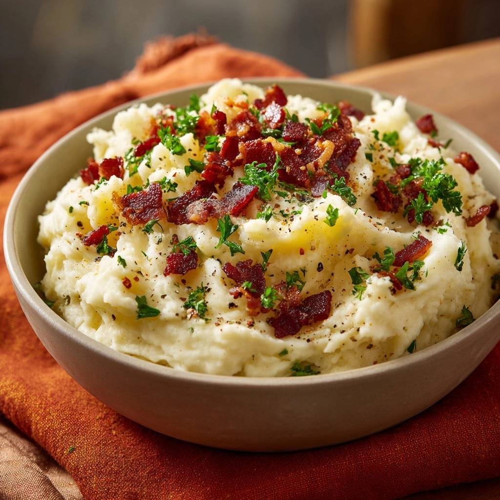 Loaded bacon mashed potatoes generously garnished with crispy bacon bits and fresh parsley.