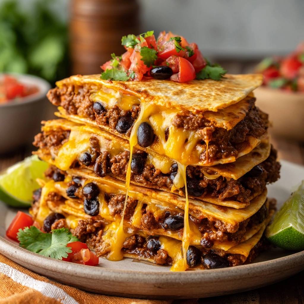 Loaded beef and black bean quesadillas stacked high, showing a delicious cross-section with melted cheese and black beans.