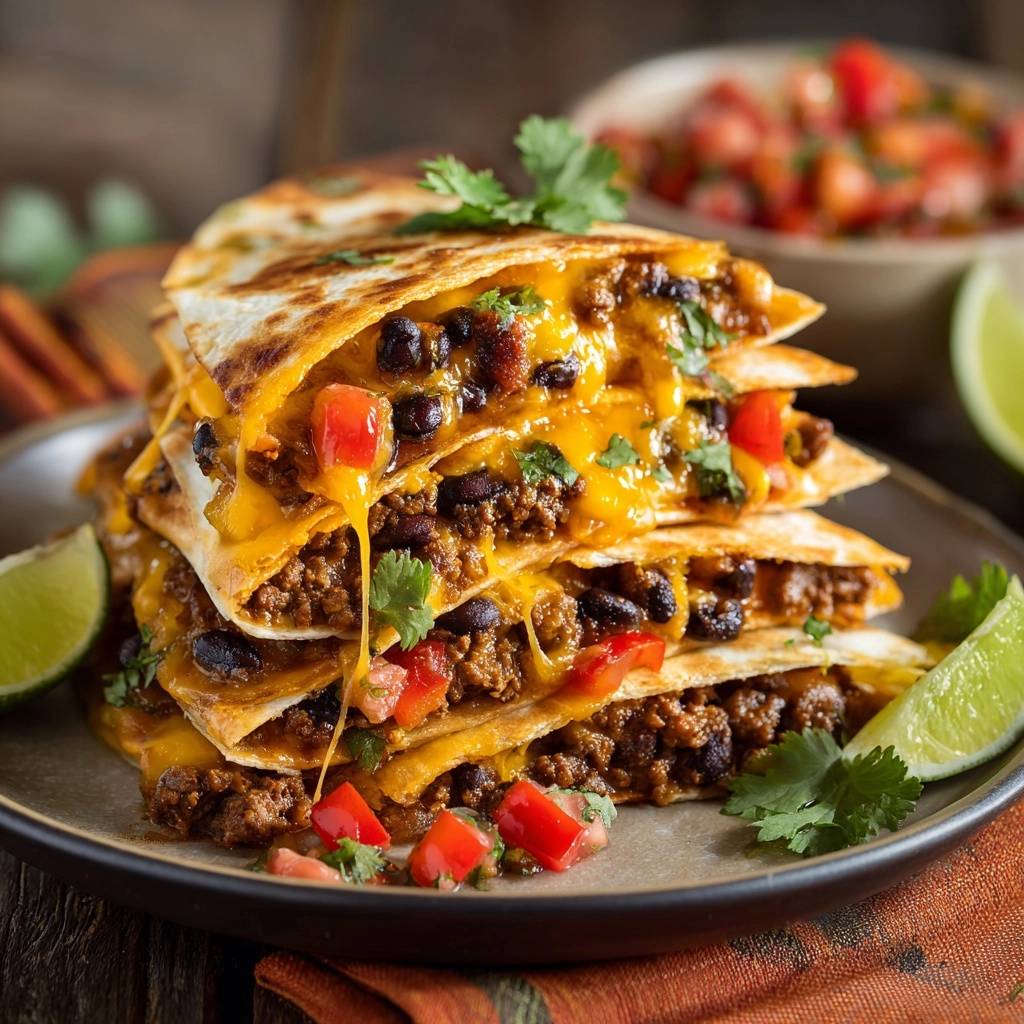 Loaded beef and black bean quesadillas stacked and sliced, revealing a cheesy cross-section with black beans and cilantro.