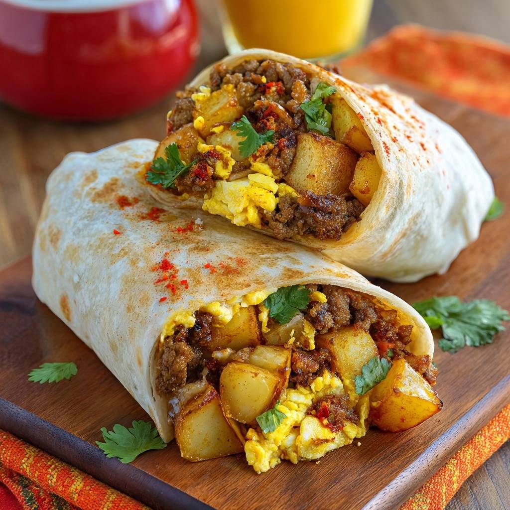 Loaded beef breakfast burritos revealing a cross-section of fluffy eggs and crispy potatoes inside.