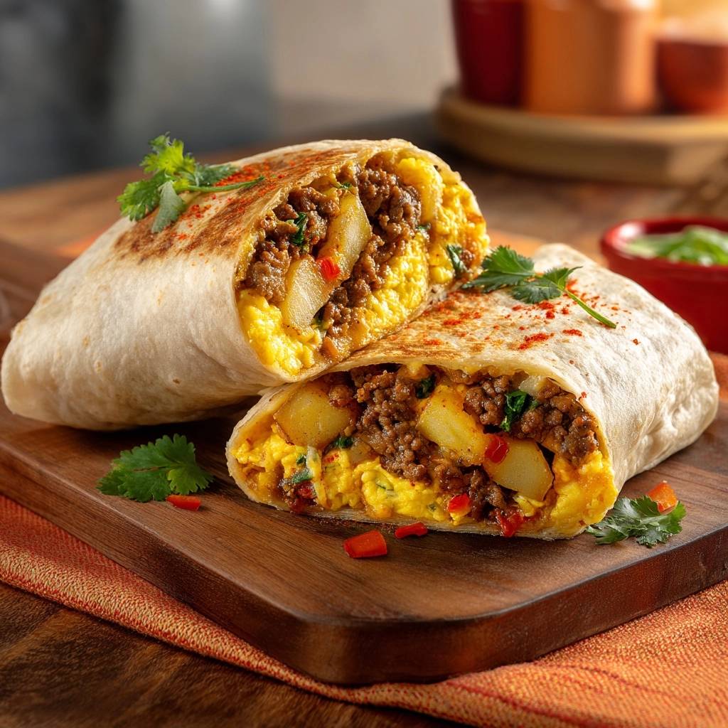 Loaded beef breakfast burritos are sliced open to reveal fluffy eggs and potatoes inside.