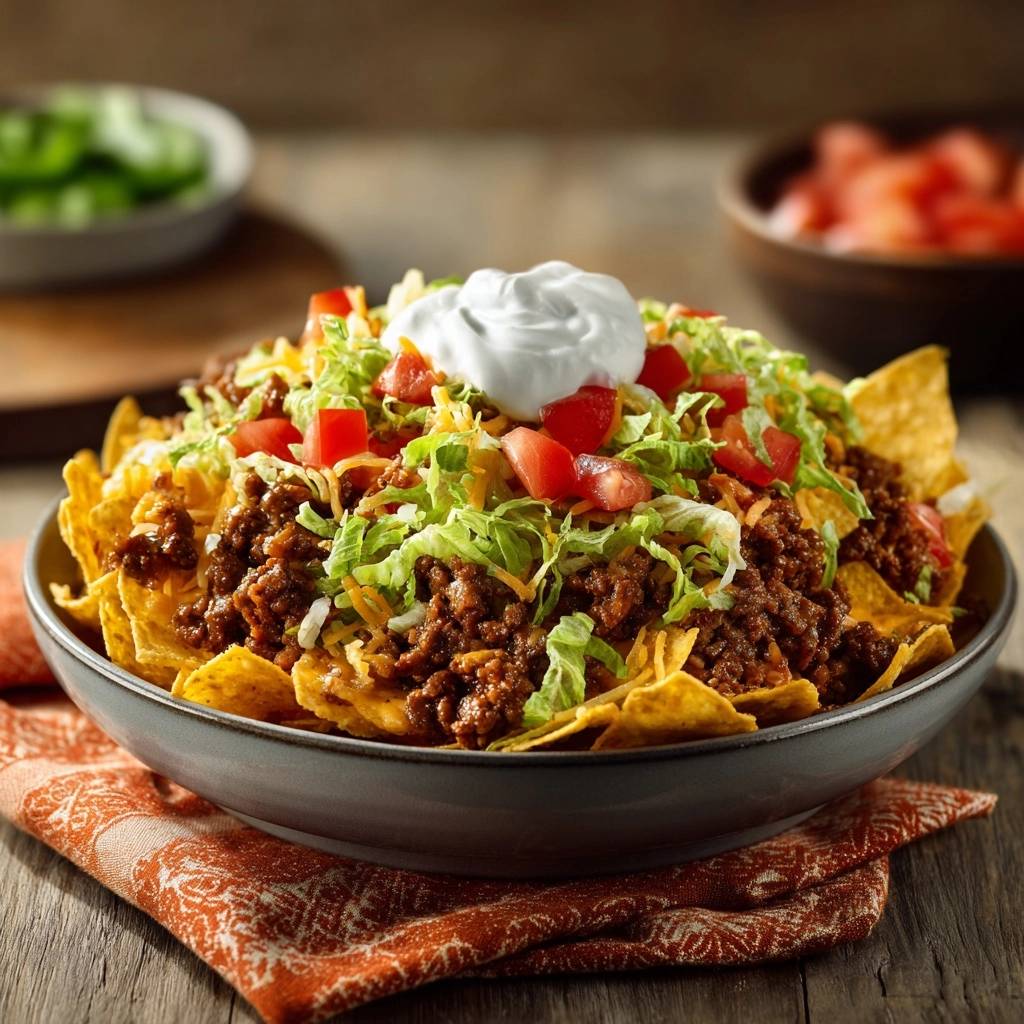 Loaded beef nachos generously piled in a bowl, topped with lettuce, tomatoes, cheese, and sour cream.