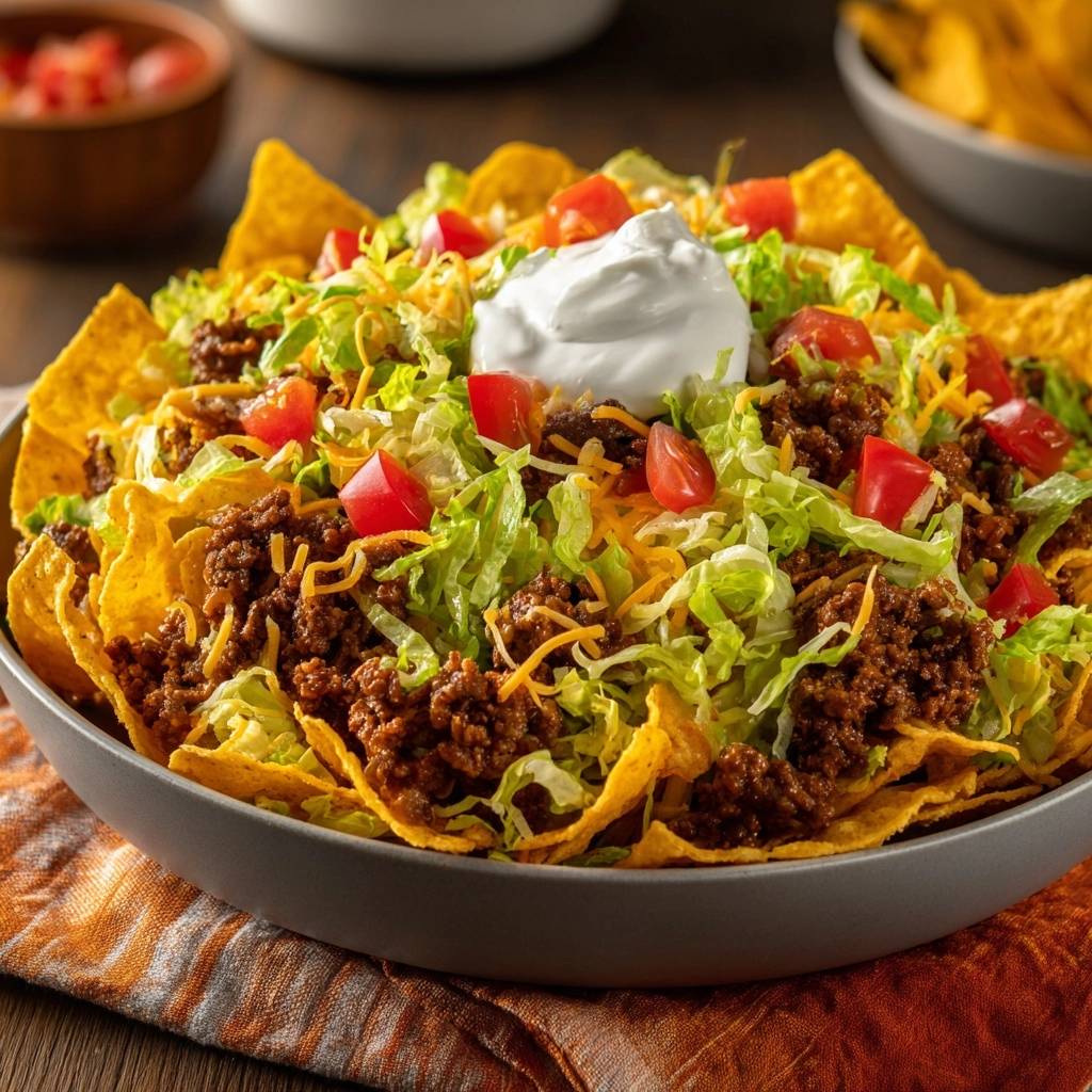 Loaded beef nachos served in a large bowl, generously topped with shredded lettuce, tomatoes, cheese, and sour cream.