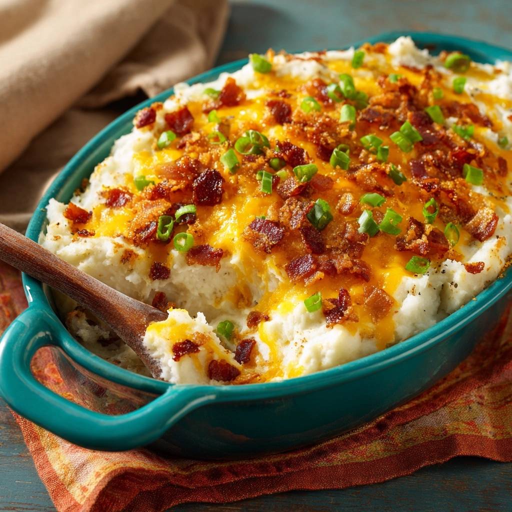 Loaded cheddar bacon mashed potatoes with a spoonful being lifted to show the fluffy interior texture.