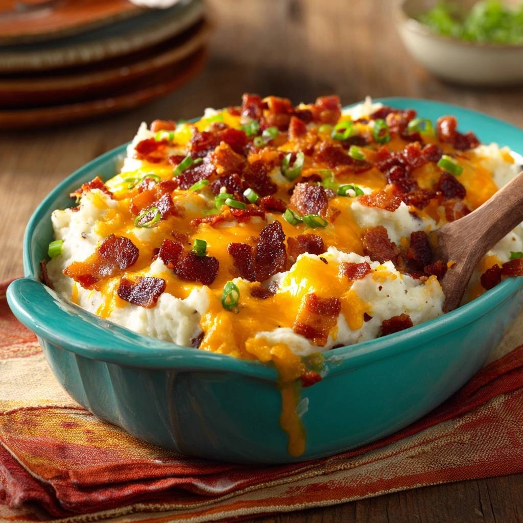 Loaded cheddar bacon mashed potatoes with a wooden serving spoon in a teal dish, topped with bacon and green onions.