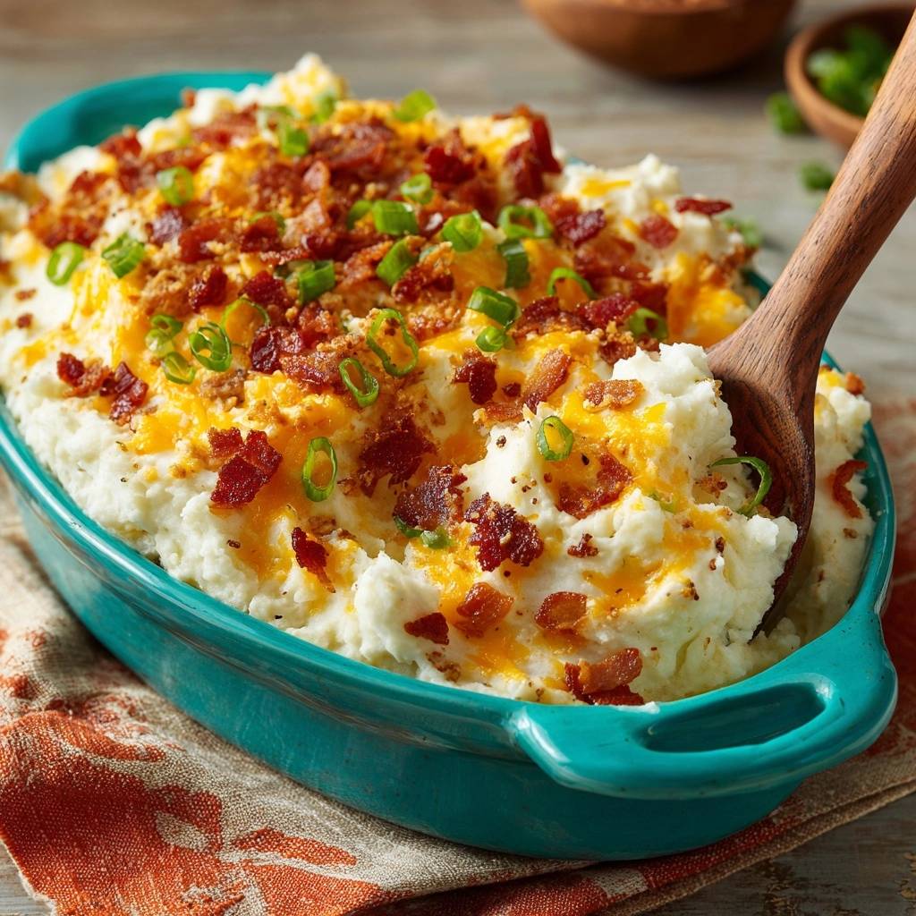 Loaded cheddar bacon mashed potatoes with a wooden spoon scooping a fluffy portion from the dish.