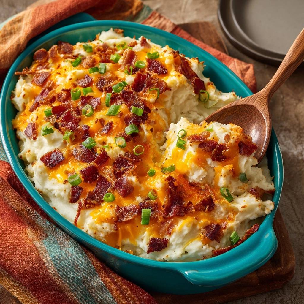 Loaded cheddar bacon mashed potatoes with a spoonful being served from a turquoise baking dish.