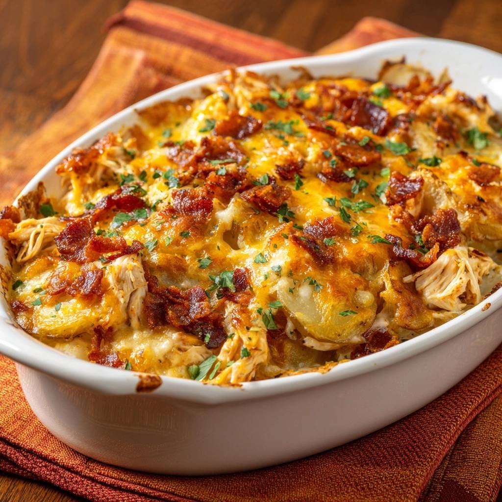 Loaded Chicken Bacon Potato Casserole features a close-up view of golden melted cheese and crispy bacon topping.