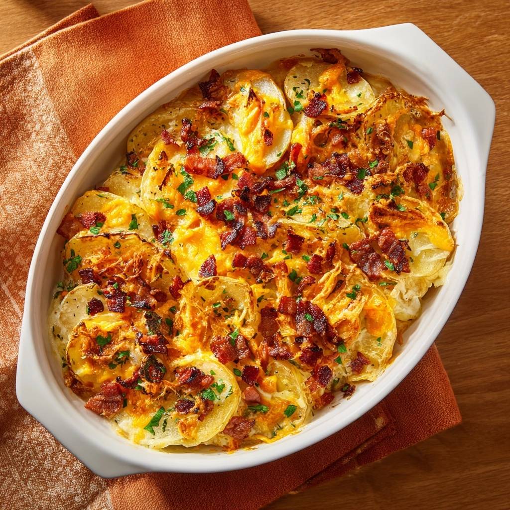 Loaded chicken bacon potato casserole shown in an oval baking dish, topped with bacon and parsley.