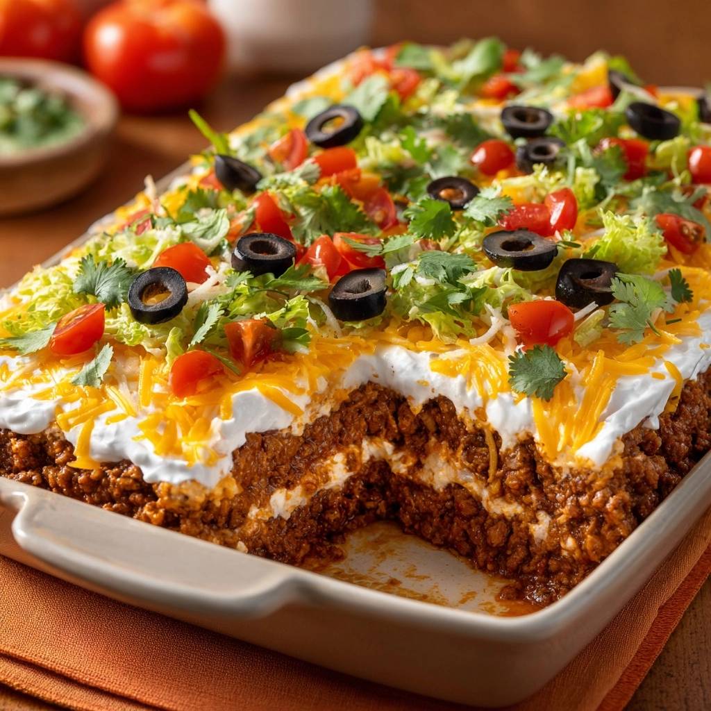 Loaded taco casserole cross-section reveal showing juicy beef layers and fresh toppings in a baking dish.