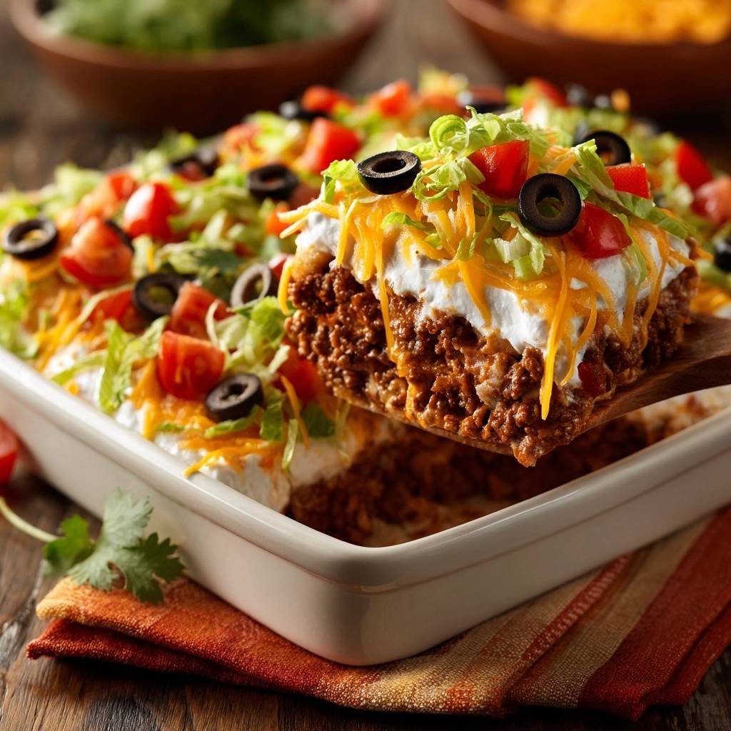 Loaded taco casserole showing a serving being lifted, revealing layers of seasoned meat, creamy cheese, and fresh toppings.