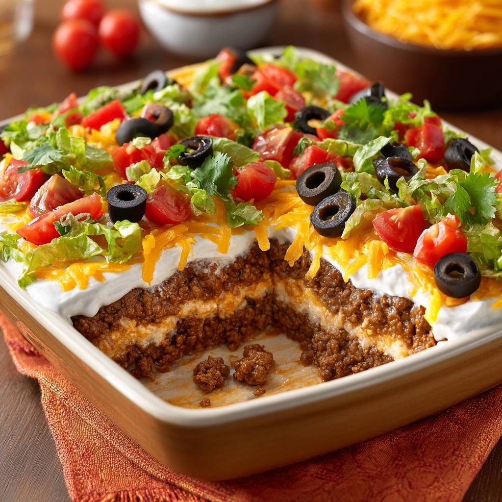 Loaded taco casserole cross-section slice showing juicy beef layers and fresh toppings in a square baking dish.