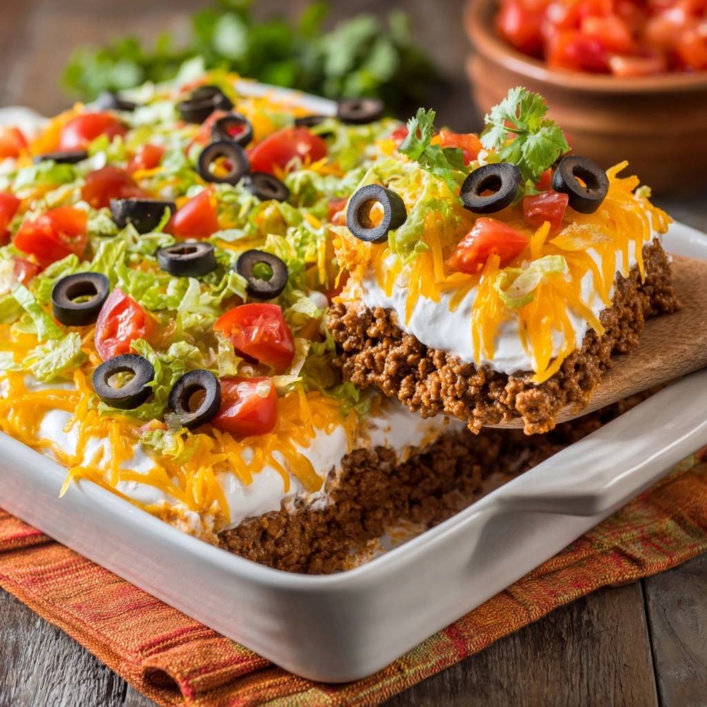 Loaded taco casserole with a serving lifted, showing layers of seasoned beef, sour cream, cheese, lettuce, and tomatoes.