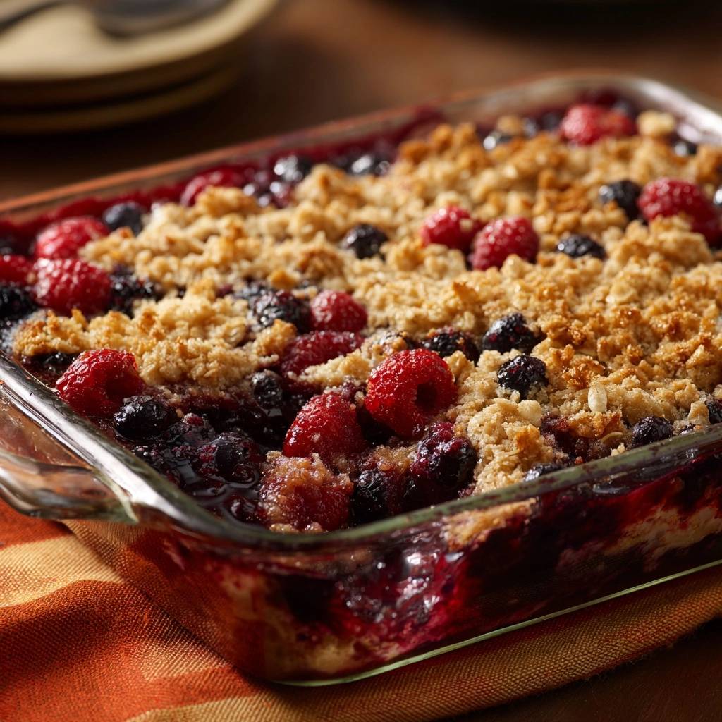 Mixed berry crisp with a golden oat topping shown in a close-up view.