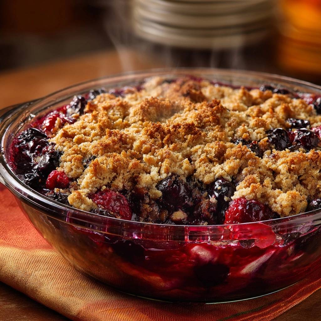 Mixed berry crisp with a golden brown crumble topping, steaming in a glass dish straight from the oven.