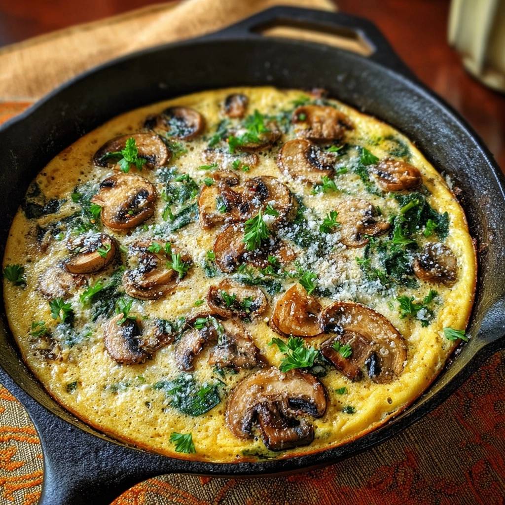 Mushroom spinach frittata in a cast iron skillet shown from an overhead perspective, garnished with parsley and cheese.