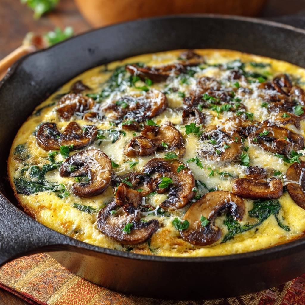 Mushroom spinach frittata in a cast iron skillet, topped with fresh parsley and grated cheese.