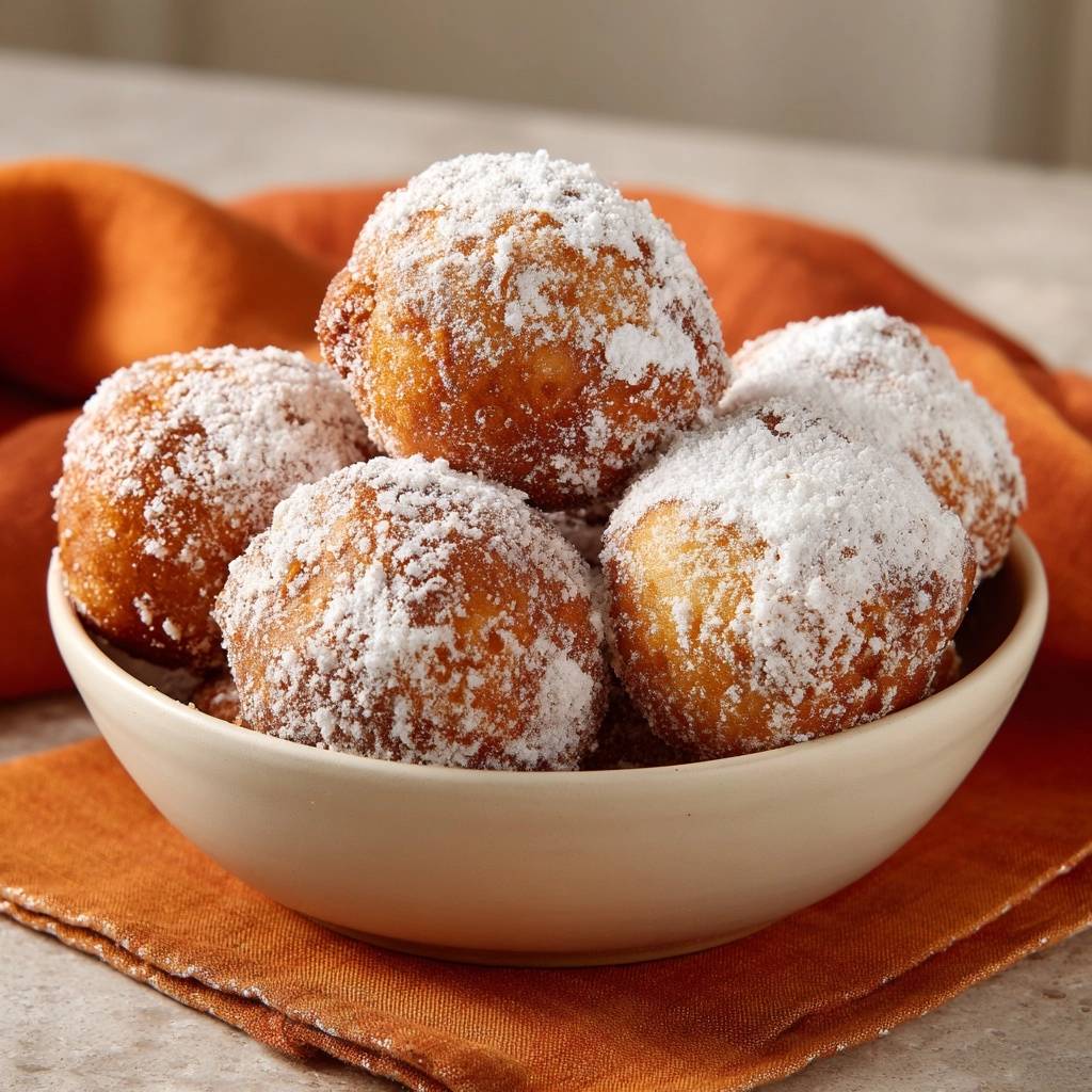 New Orleans beignets dusted with powdered sugar piled high in a light-colored bowl.