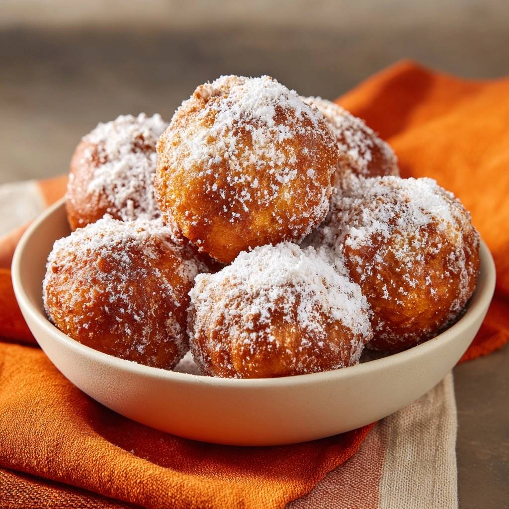 New Orleans beignets dusted with powdered sugar piled high in a bowl, showing a close-up texture.