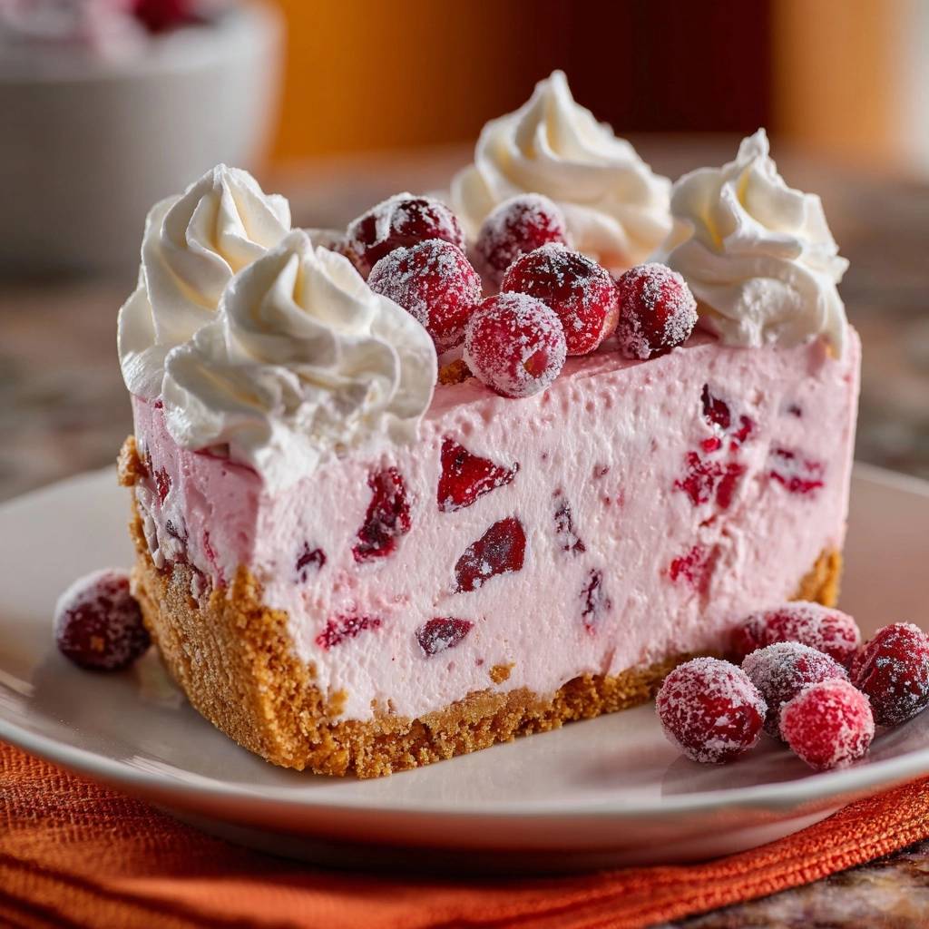No-bake cranberry cheesecake served as a plated slice, showcasing its firm texture and creamy filling with whole cranberries.