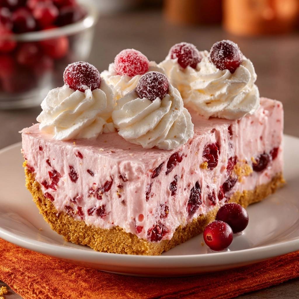 No-bake cranberry cheesecake sliced to reveal a firm texture with whipped cream and sugared cranberries on top.