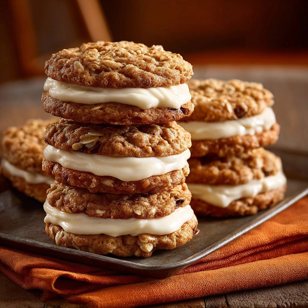 Oatmeal creme pie sandwiches featuring chewy cookies stacked high with creamy filling on a metal tray.
