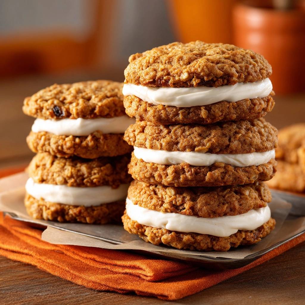 Oatmeal creme pie sandwiches stacked high on a metal tray with an orange napkin.
