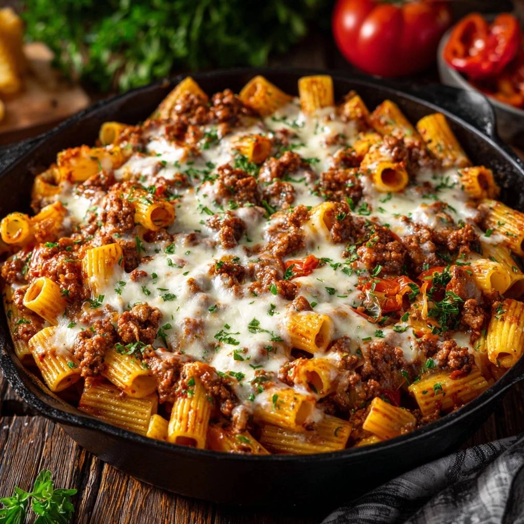 One-pan cheesy beef rigatoni in a skillet, showing a close-up view of the melted cheese and pasta.
