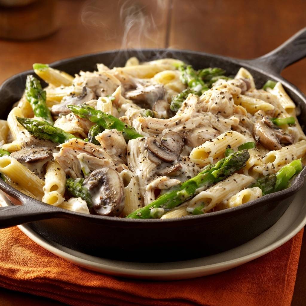 One-pan creamy chicken penne with asparagus and mushrooms steaming in a cast-iron skillet.