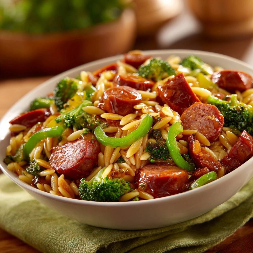 One-pan chicken sausage orzo with crisp broccoli served in a white bowl with a green napkin.