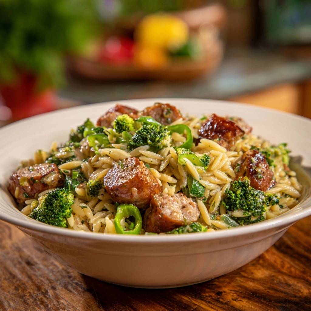 One-pan chicken sausage orzo with crisp broccoli served in a close-up bowl view.